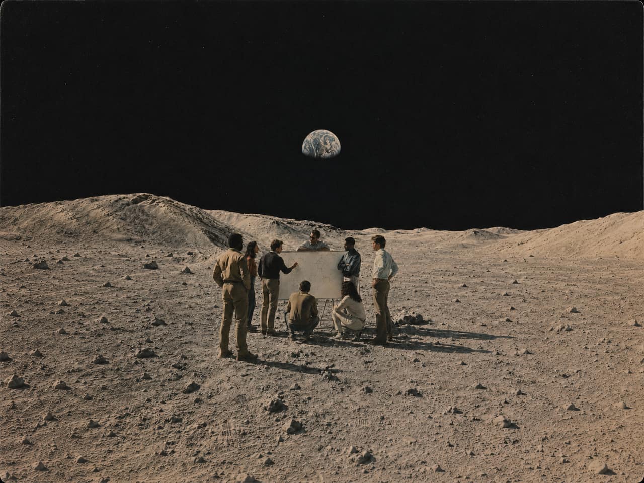 A team gathered around a whiteboard on the surface of the Moon, the Earth low in a black sky.